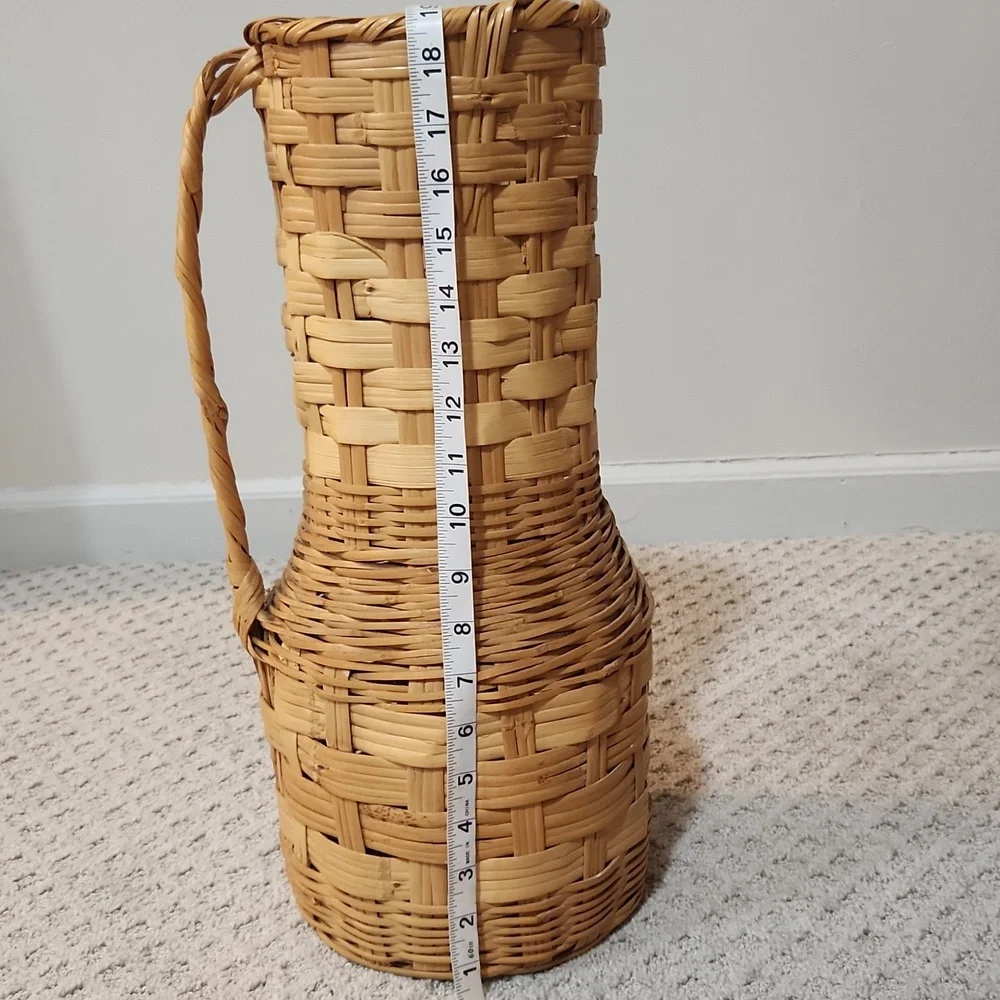 Tall Vintage Woven Wicker Basket Pitcher Vase With Handle - Natural Brown